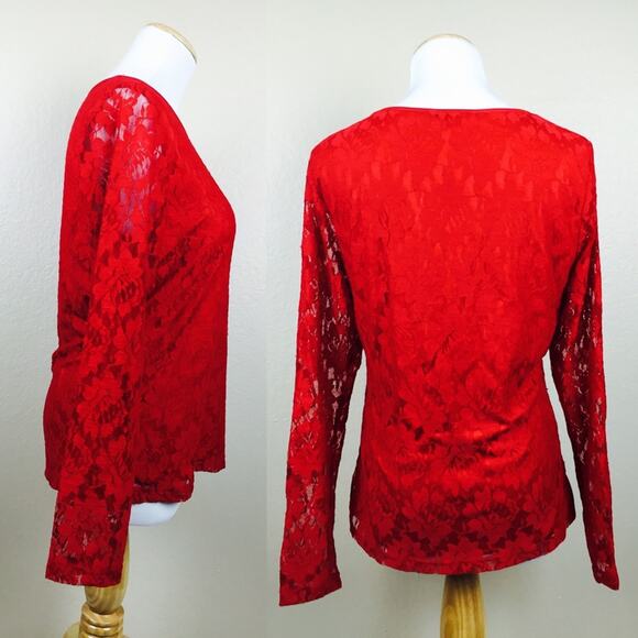 CALVIN KLEIN Red Floral Lace Long Sleeve Top NWT Size MEDIUM Mesh $79 - Picture 3 of 5